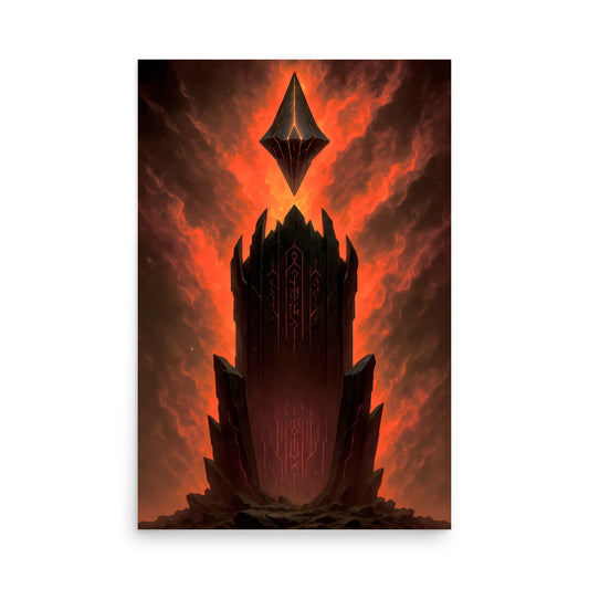 Mystical tower with a floating diamond-like structure against a fiery background. Abstract space landscape poster.