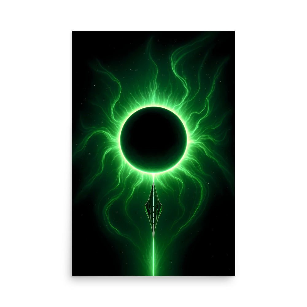 Green energy or power symbol with a black circle and radiating lines on a black background. Abstract space landscape poster.
