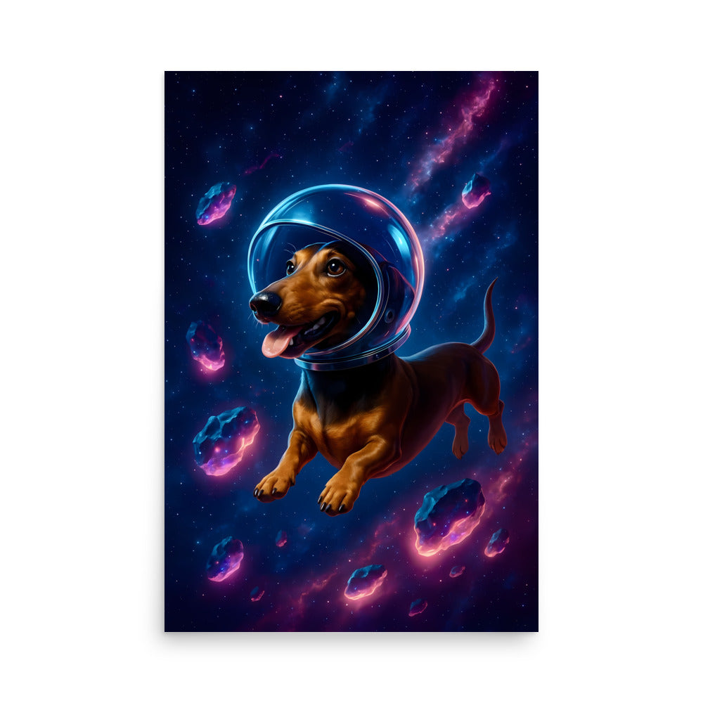 Dachshund dog in an astronaut helmet with a space background. Space dogs. Dog picture. Dog poster.