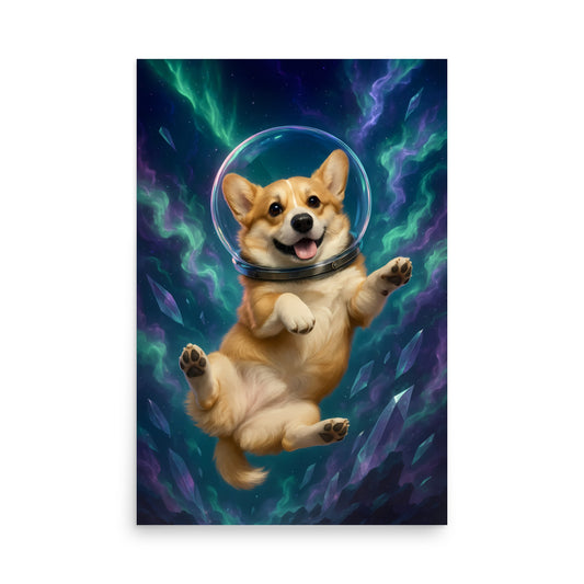 Corgi dog wearing an astronaut helmet with a space-themed. Space dogs. Dog picture. Dog poster.