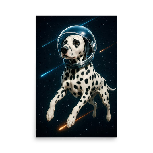 Dalmatian dog wearing an astronaut helmet in space with stars and comets. Space dogs. Dog picture. Dog poster.