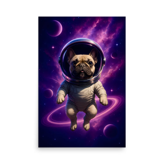 Frenchie dog in an astronaut suit with a space background.  Space dogs. Dog picture. Dog poster.