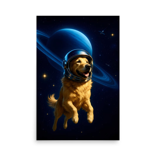 Golden retriever in an astronaut suit with a space background. Space dogs. Dog picture. Dog poster.