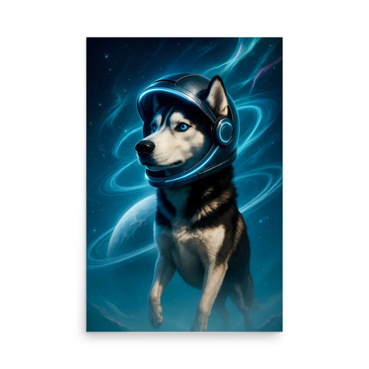 Husky dog wearing a space helmet with a cosmic background. Space dogs. Dog picture. Dog poster.