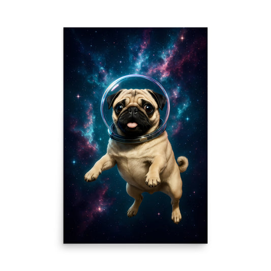 Pug dog wearing an astronaut helmet with a space background. Space dogs. Dog picture. Dog poster.