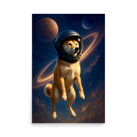Dog in an astronaut suit floating in space with planets and stars in the background. Space dogs. Dog picture. Dog poster.