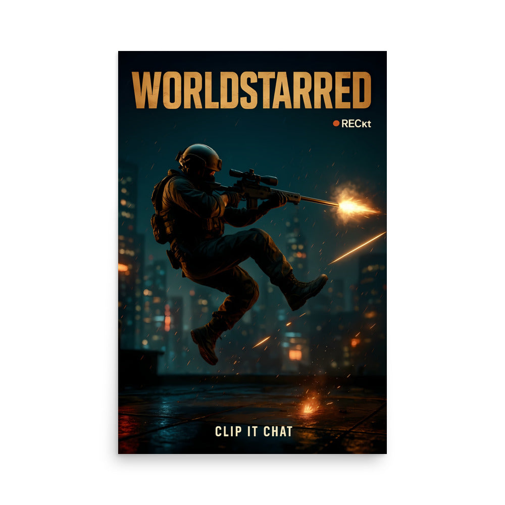 Poster with a soldier in action pose against a cityscape at night, featuring the brand 'Worldstarred'. Call of duty and FPS inspired poster.