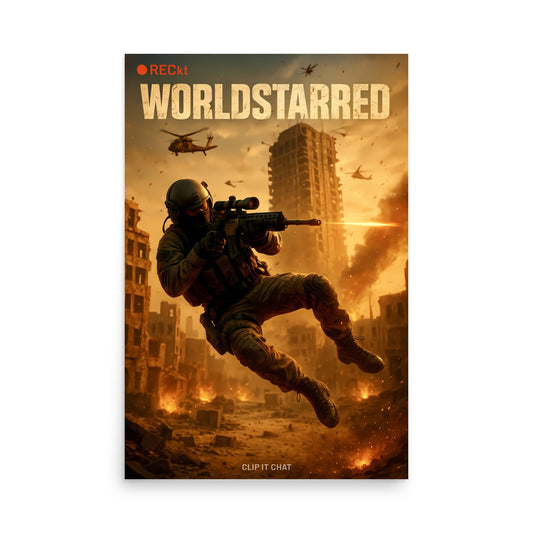 Action movie poster with a soldier in a cityscape, with "WorldStarred" text. Call of duty and FPS inspired poster.