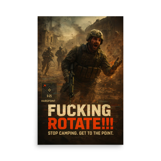 Poster with a soldier in a combat scenario and text on a white background. Call of duty and FPS inspired poster.