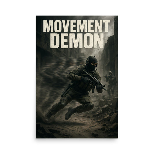 Book cover titled 'Movement Demon' with a soldier in tactical gear on a white background. Call of duty and FPS inspired poster.