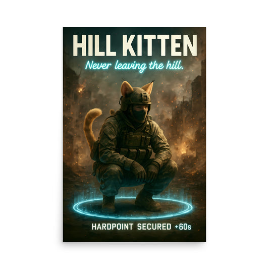 Poster featuring a person in military gear with a cat-like tail, set against a dystopian cityscape. Call of duty and FPS inspired poster.