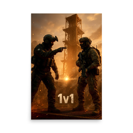 Two soldiers in military gear pointing at each other with a fiery background and '1v1' text. Call of duty inspired poster.
