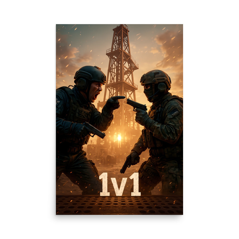 Two soldiers in a combat scenario with a tower and fiery background, featuring the text '1v1'. Call of duty inspired poster.