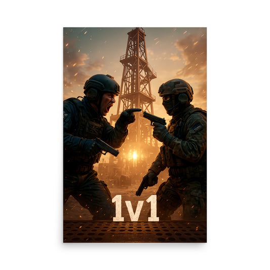 Two soldiers in a combat scenario with a tower and fiery background, featuring the text '1v1'. Call of duty inspired poster.