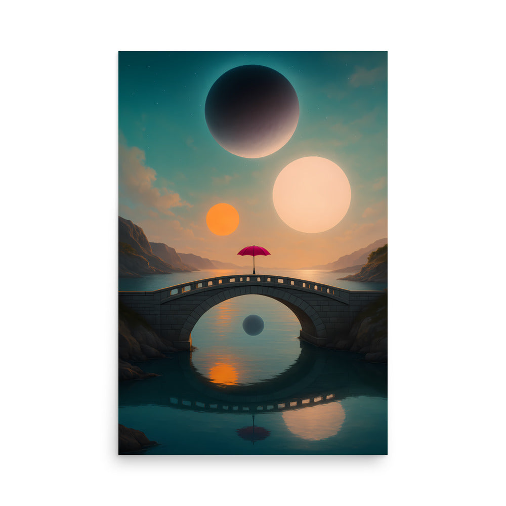 Futuristic landscape with a bridge over a reflective surface, featuring three large celestial bodies. Space.