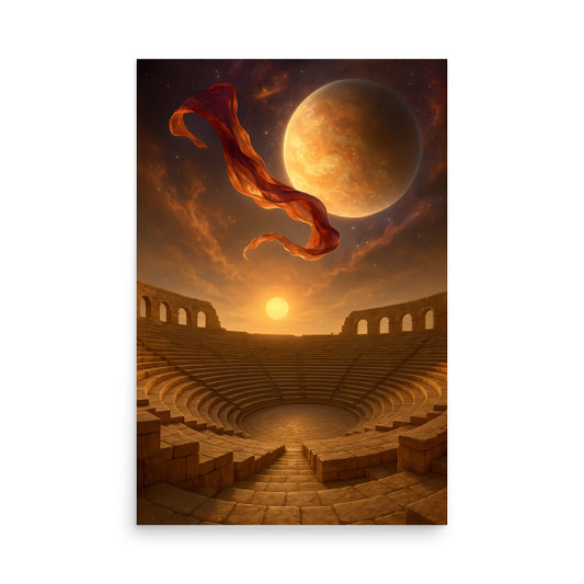 Futuristic arena with a planet and fiery cloud in the sky