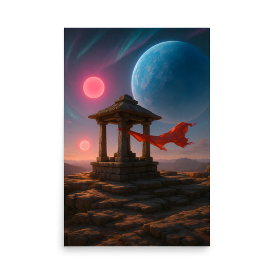 Stone temple with a red fabric in front of a large blue planet and smaller pink planet.