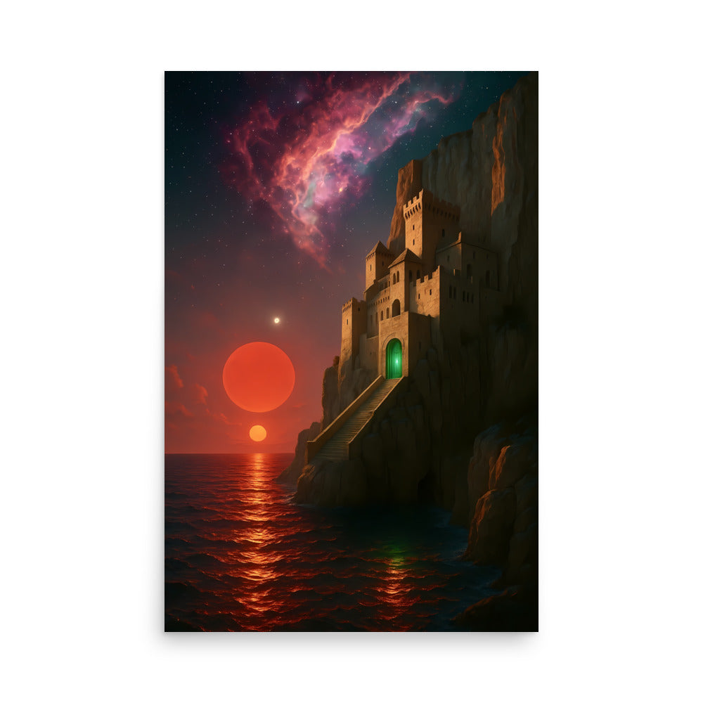 Fantasy castle on a cliff with a red sun and purple nebula in the sky.