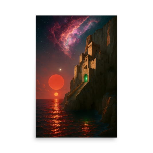 Fantasy castle on a cliff with a red sun and purple nebula in the sky.