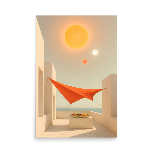 Art print of a geometric scene with an orange triangle, sun, and arches.