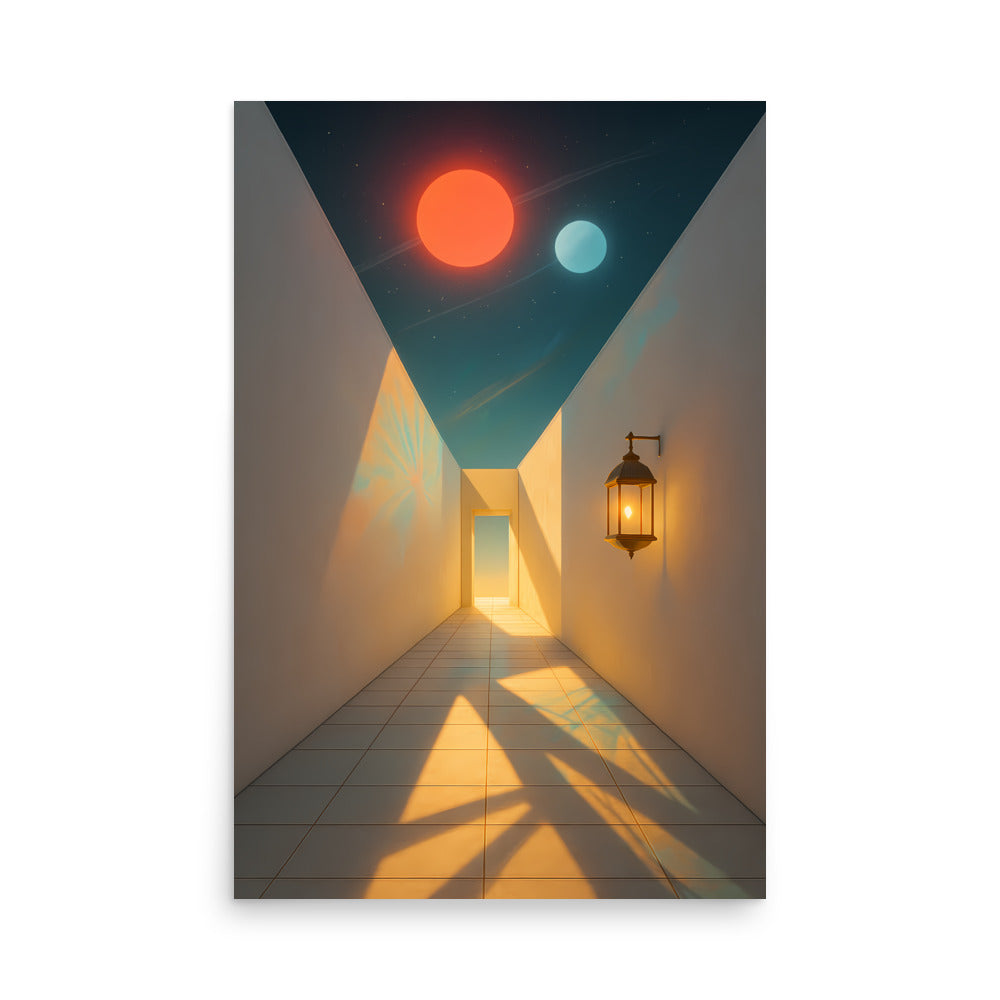Artistic depiction of a hallway with two glowing orbs at the end