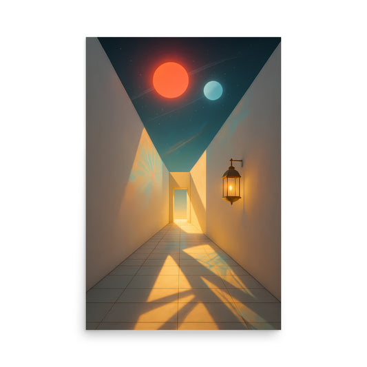 Artistic depiction of a hallway with two glowing orbs at the end