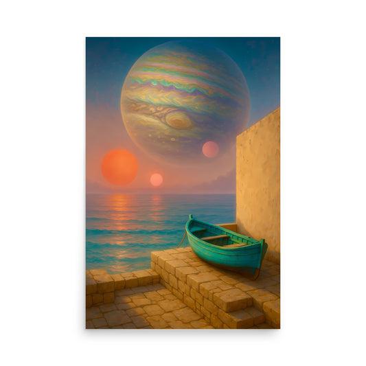 Fantasy scene with a boat on a stone pier, large planet, and suns over water.