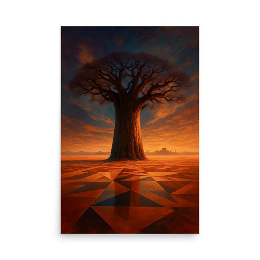 Mystical Baobab  landscape with a large tree at sunset on a white background in Africa