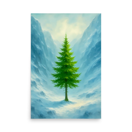 Single Pine tree standing in a snowy landscape with mountains in the background
