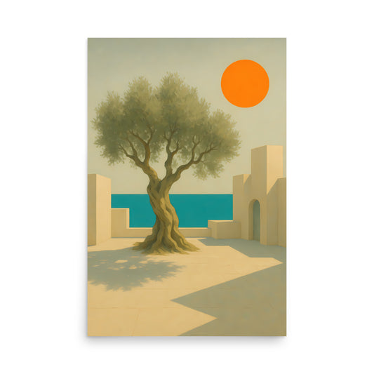 Surreal landscape with a tree, sun, and architectural elements on a beige background