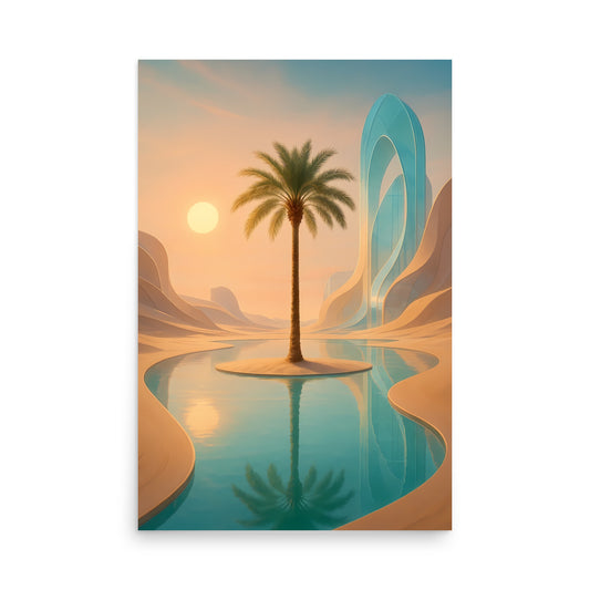 Surreal landscape with palm tree and futuristic arch on a white background