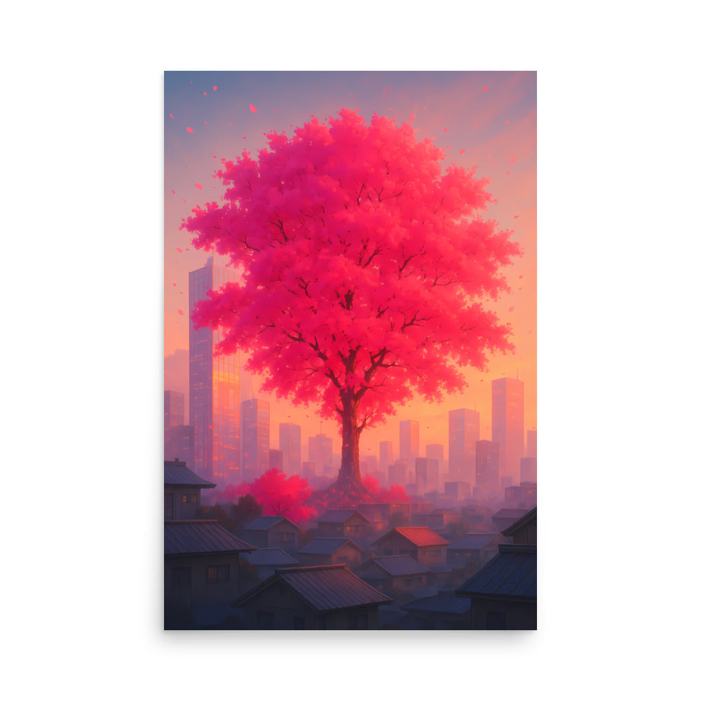 Cherry blossom tree in a cityscape with a pastel sky 