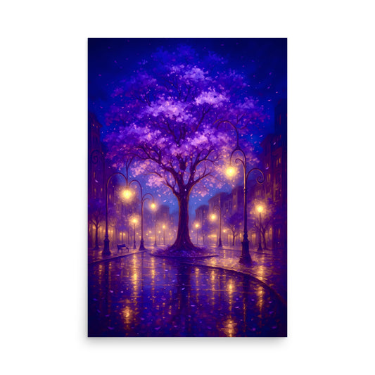 Purple tree in a city street with streetlights at night