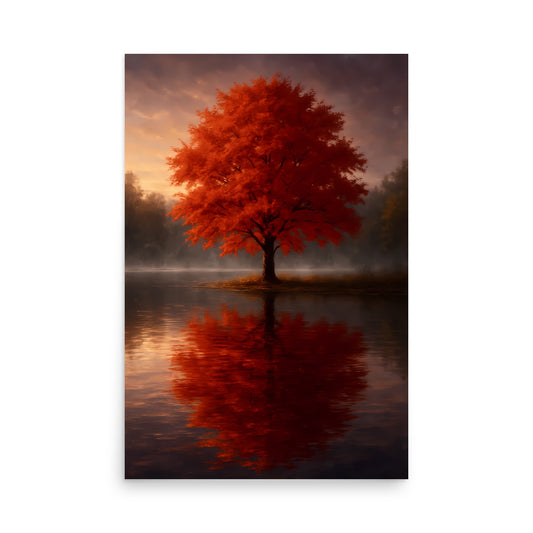 Autumn tree with red leaves reflected in water at sunset