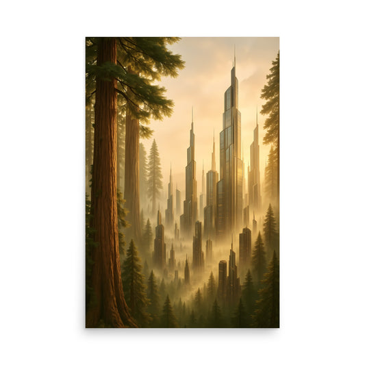 Futuristic cityscape emerging from a forest with tall trees and skyscrapers.