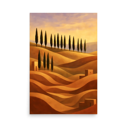 Artistic depiction of a landscape with rolling hills and cypress trees at sunset.