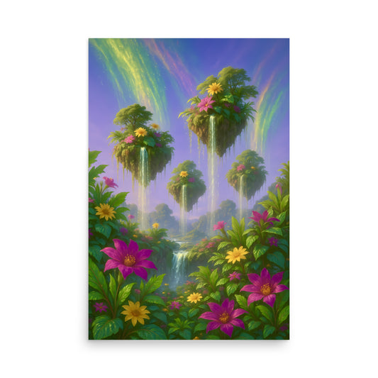 Fantasy landscape with floating islands, flowers, and rainbows