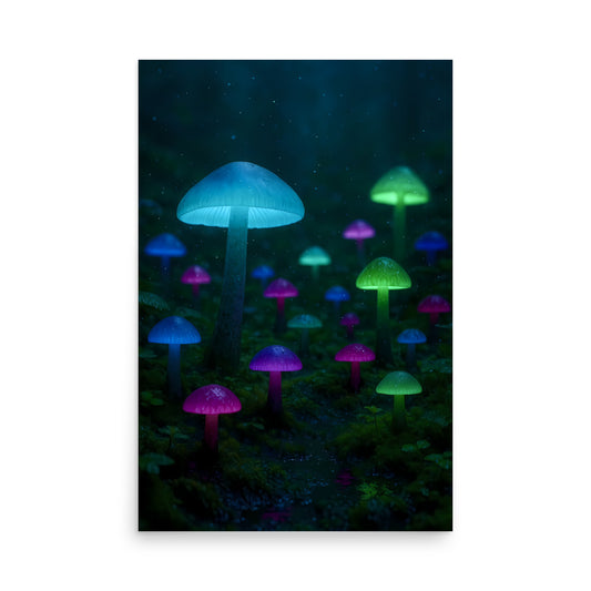 Glowing mushrooms in a dark forest setting