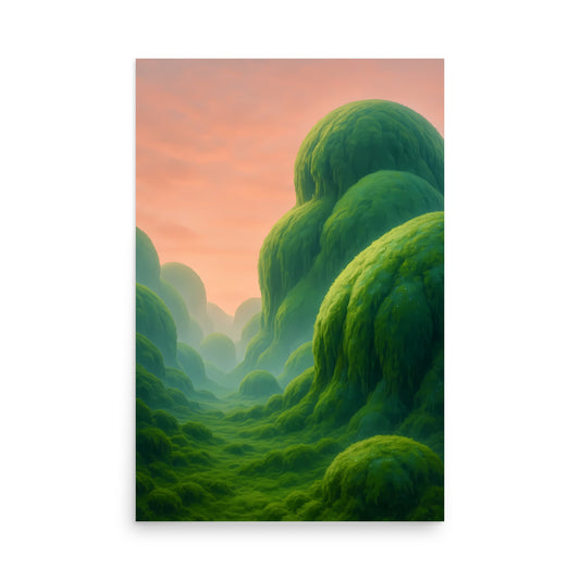 Mossy landscape with a pinkish-orange sky