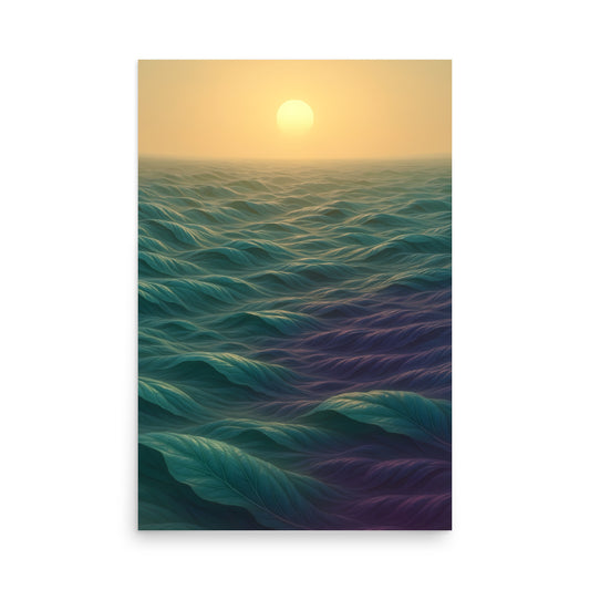 Art print of a sunset over a sea of waves with a warm color palette.