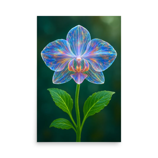 Colorful orchid flower with a green stem and leaves on a dark background
