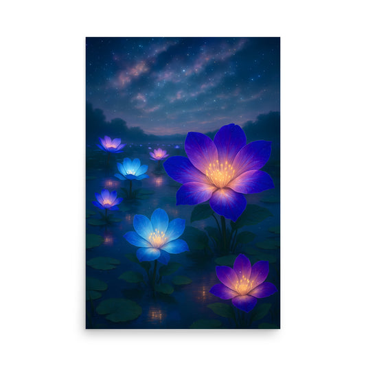 Glowing purple and blue lotus flowers on water at night with a starry sky.