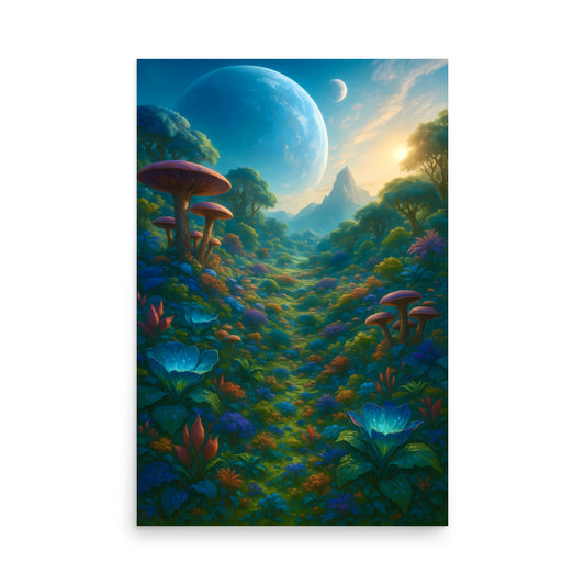 Futuristic landscape with mushrooms and flowers under a large planet.