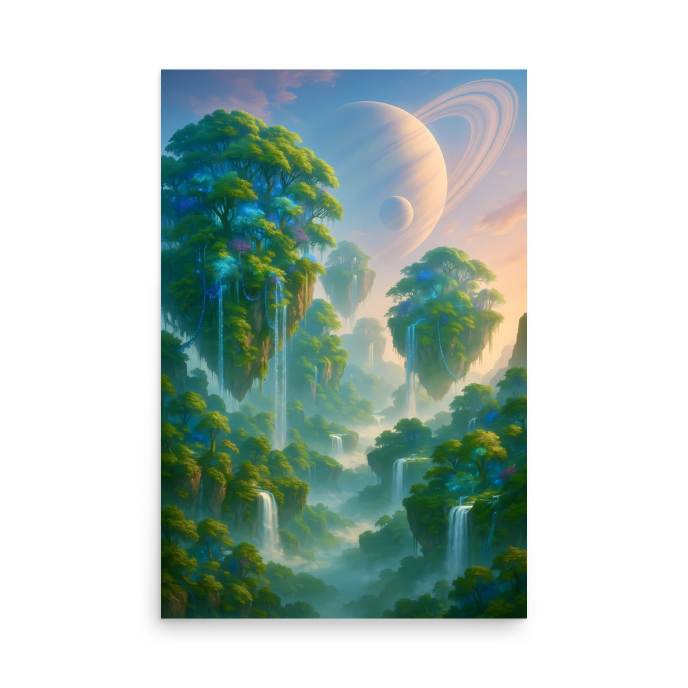 Fantasy landscape with lush green trees, waterfalls, and a planet in the background.
