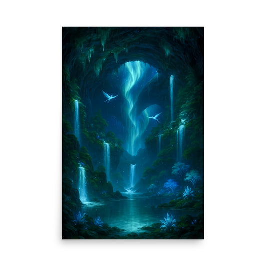 Fantasy landscape with glowing blue elements and a mystical atmosphere.