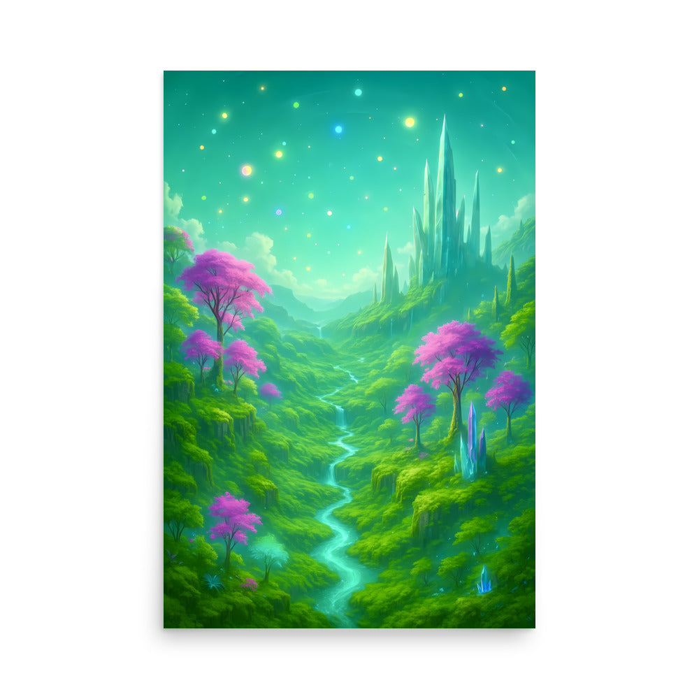 Fantasy landscape with purple trees, a river, and futuristic buildings under a starry sky.