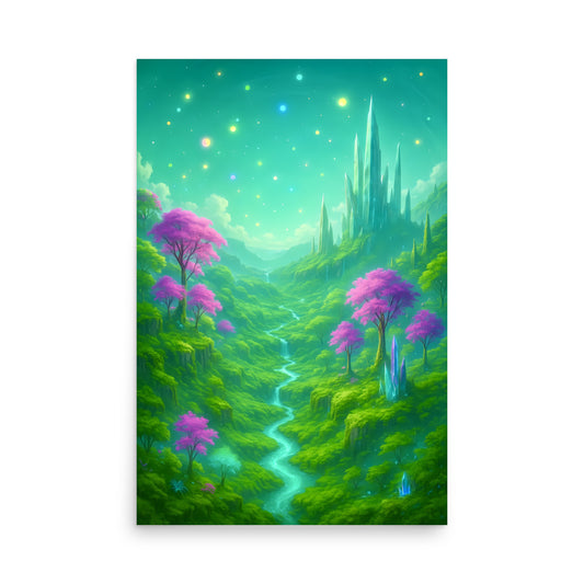 Fantasy landscape with purple trees, a river, and futuristic buildings under a starry sky.
