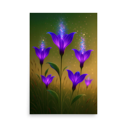 Glowing purple flowers on a dark green background