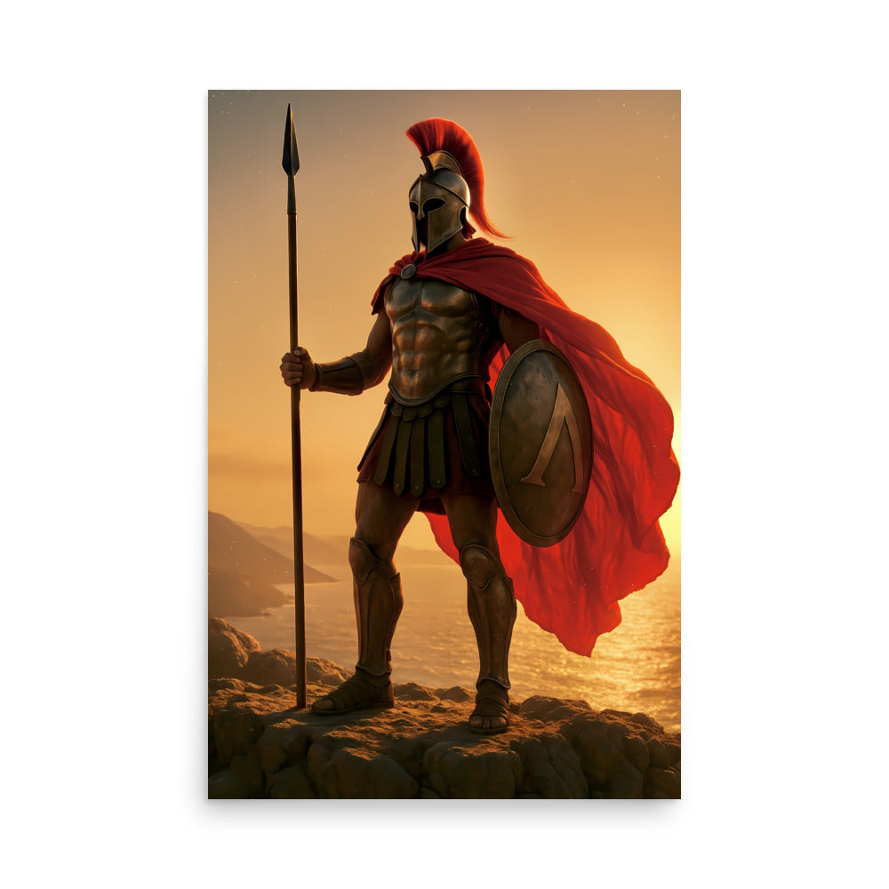 Spartan warrior with a red cape holding a spear and shield against a sunset backdrop.
