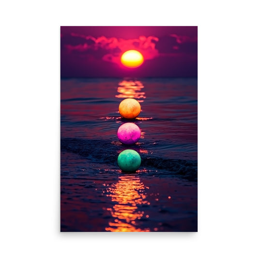 Colorful beach balls floating in the water at sunset